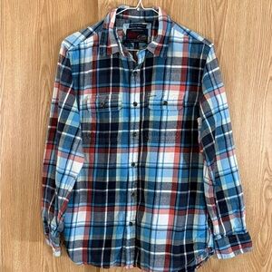 Old Navy Blue and Peach Flannel Plaid Button Down Shirt
